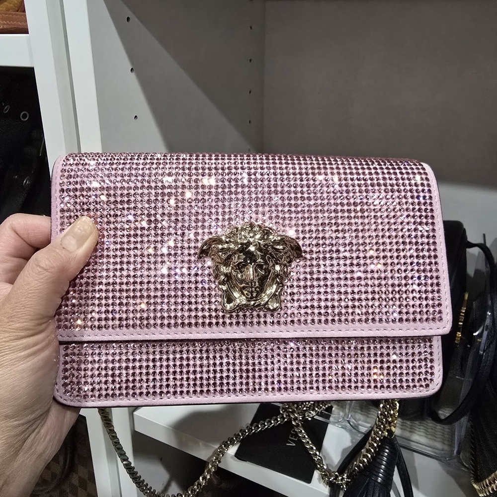 Versace Pink Crystal Medusa Shoulder Clutch with Gold Emblem